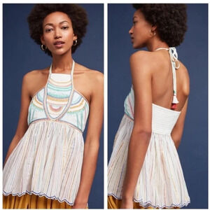 Anthropologie Floreat - Boho white halter top with multicoloured stitching - US4